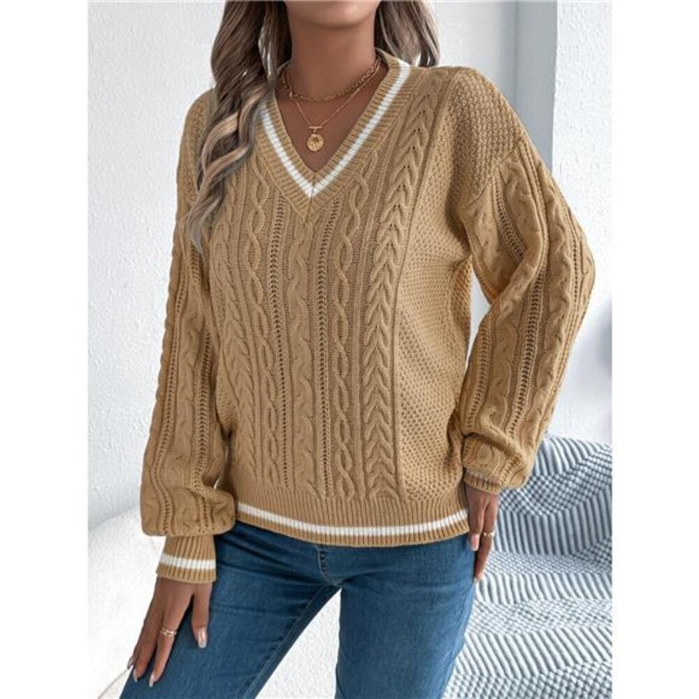 Cable Knit V-Neck Long Sleeve Sweater